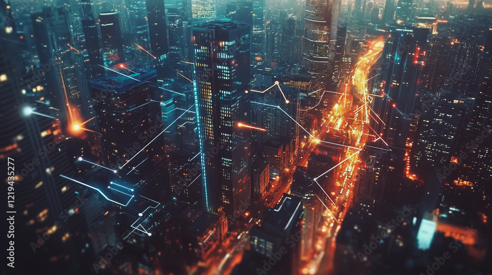 Obraz premium Smart digital Innovation city with connection network reciprocity over the twilight cityscape. of future smart wireless digital city and social media networking systems that connects people with city 