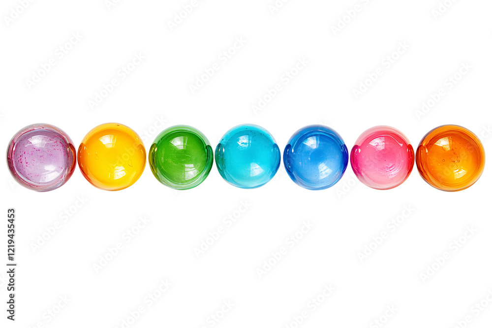 Shiny, multicolored plastic balls arranged in a line, isolated on a transparent background Shiny, multicolored plastic balls arranged in a line, isolated on a transparent background