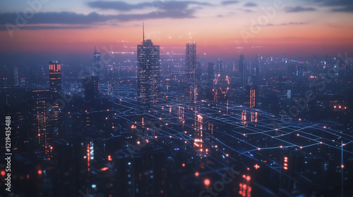 Wallpaper Mural Smart digital Innovation city with connection network reciprocity over the twilight cityscape. of future smart wireless digital city and social media networking systems that connects people with city
 Torontodigital.ca