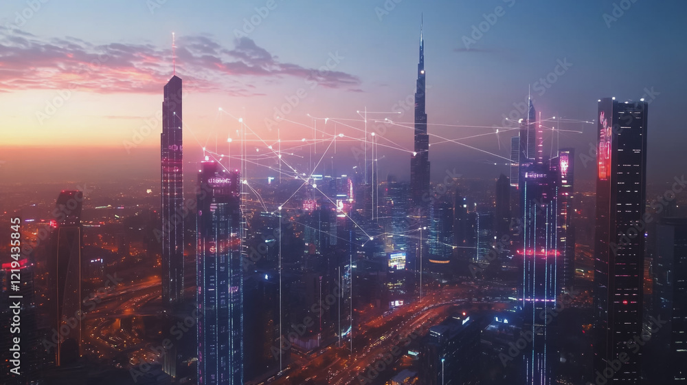 Fototapeta premium Smart digital Innovation city with connection network reciprocity over the twilight cityscape. of future smart wireless digital city and social media networking systems that connects people with city 