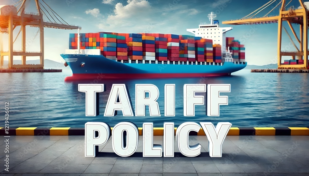 TARIFF POLICY graphic resource - container ship - cranes - port - trade policy - tariffs - taxes - imports - exports - economics - dollar strength