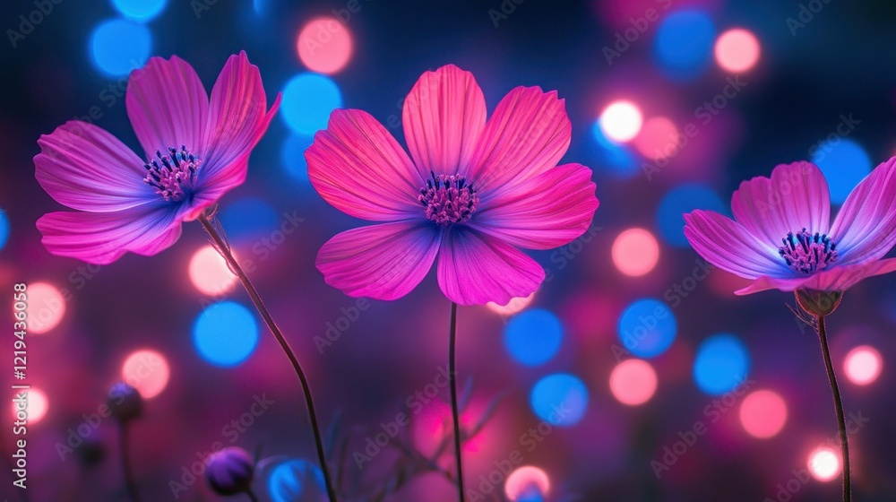 Obraz premium Pink cosmos flowers night bokeh background, website design