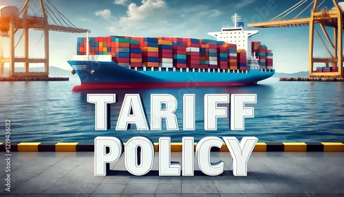 Obraz na płótnie TARIFF POLICY graphic resource - container ship - cranes - port - trade policy - tariffs - taxes - imports - exports - economics - dollar strength w salonie