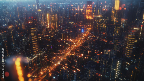 Smart digital Innovation city with connection network reciprocity over the twilight cityscape. of future smart wireless digital city and social media networking systems that connects people with city
