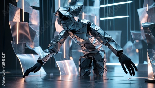 Futuristic geometric marionette on high-tech stage photo