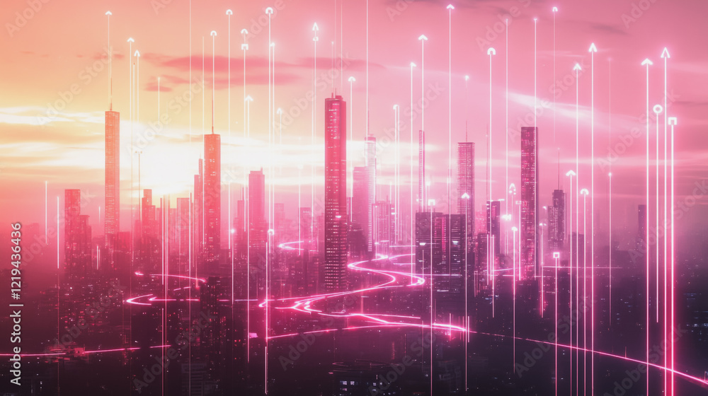 Fototapeta premium Smart digital Innovation city with connection network reciprocity over the twilight cityscape. of future smart wireless digital city and social media networking systems that connects people with city 