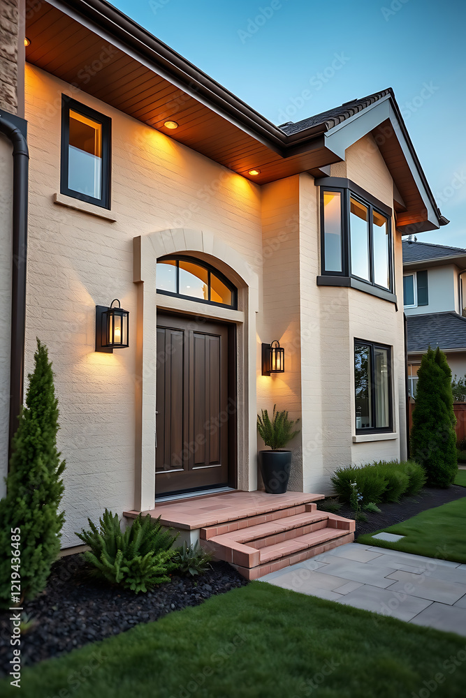 custom made wallpaper toronto digitalLuxury Home Exterior at Dusk: Modern Brick House with Landscaped Garden and Elegant Entrance