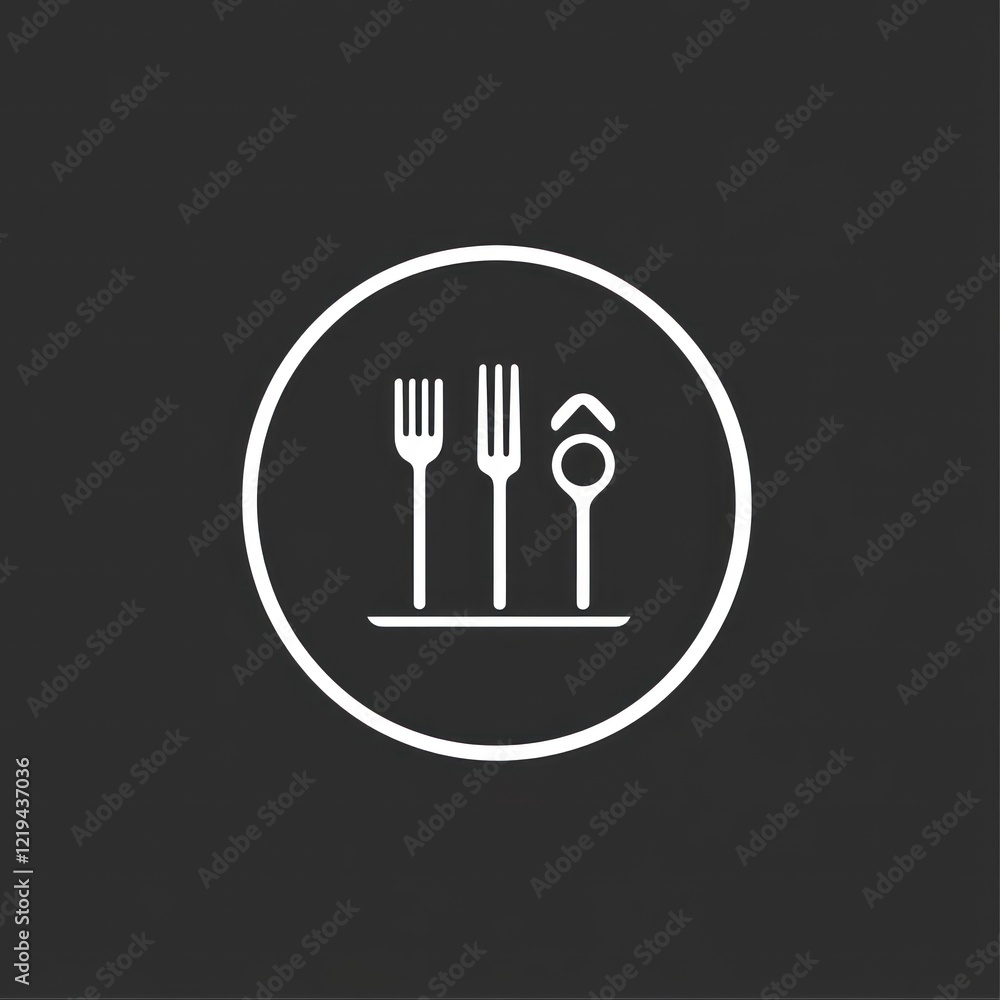 White cutlery set icon in circle against dark background for menu or recipe White cutlery set icon in circle against dark background for menu or recipe