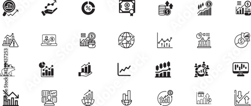 Stock market icon set, finance, chart, graph, growth, investment, business, analysis, economy, banking, diagram, financial, stock, profit, market, trade, exchange, global, background, forex, currency.