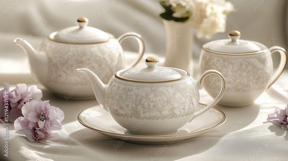 Elegant White Tea Set Featuring a Graceful Teapot and Delicate Cup Set Against a Minimalist Background Evoking Calmness and Sophistication Perfect for Tea Lovers and Aesthetic Enthusiasts Elegant White Tea Set Featuring a Graceful Teapot and Delicate Cup Set Against a Minimalist Background Evoking Calmness and Sophistication Perfect for Tea Lovers and Aesthetic Enthusiasts