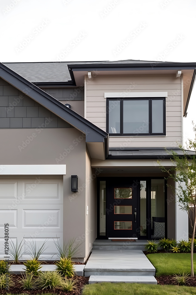 Obraz premium Modern House Exterior: Contemporary Home Design and Architecture. Luxury Real Estate Property with Grey Facade and Landscaping.