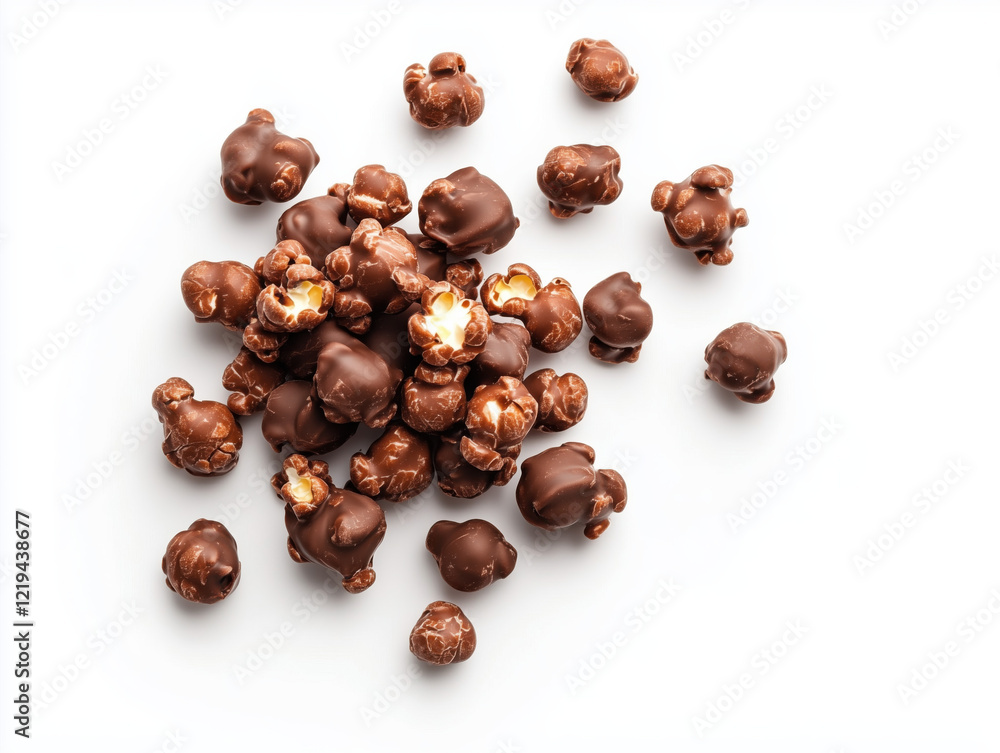 Obraz premium Chocolate-Coated Popcorn on White Background: Sweet Snack Delight in High-Resolution Stock Photo