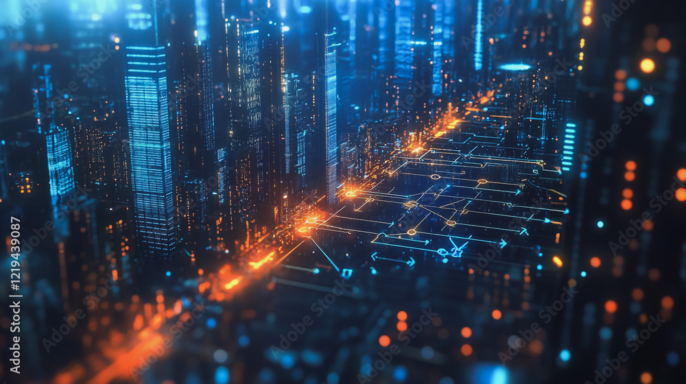 Obraz premium Smart digital Innovation city with connection network reciprocity over the twilight cityscape. of future smart wireless digital city and social media networking systems that connects people with city 