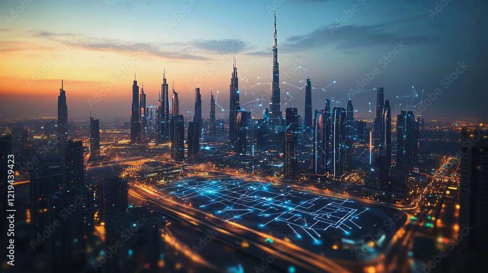 Obraz premium Smart digital Innovation city with connection network reciprocity over the twilight cityscape. of future smart wireless digital city and social media networking systems that connects people with city 