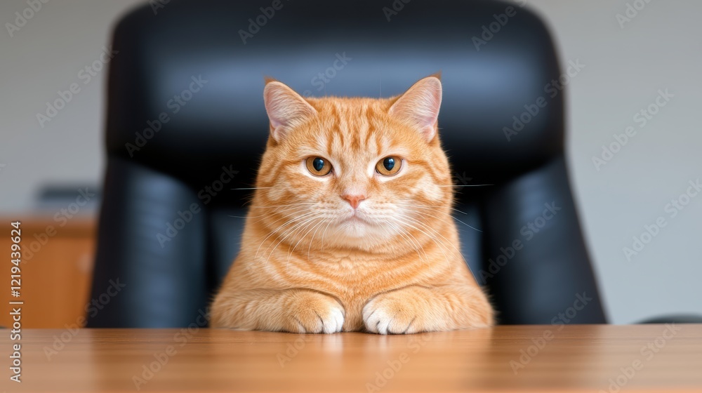 Orange Cat Sitting Confidently at a Desk in an Office Environment Orange Cat Sitting Confidently at a Desk in an Office Environment