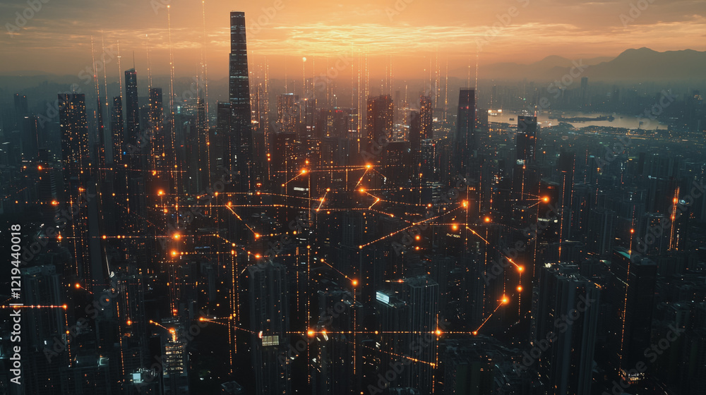 Fototapeta premium Smart digital Innovation city with connection network reciprocity over the twilight cityscape. of future smart wireless digital city and social media networking systems that connects people with city 