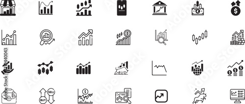 Stock market icon set, finance, chart, graph, growth, investment, business, analysis, economy, banking, diagram, financial, stock, profit, market, trade, exchange, global, background, forex, currency.