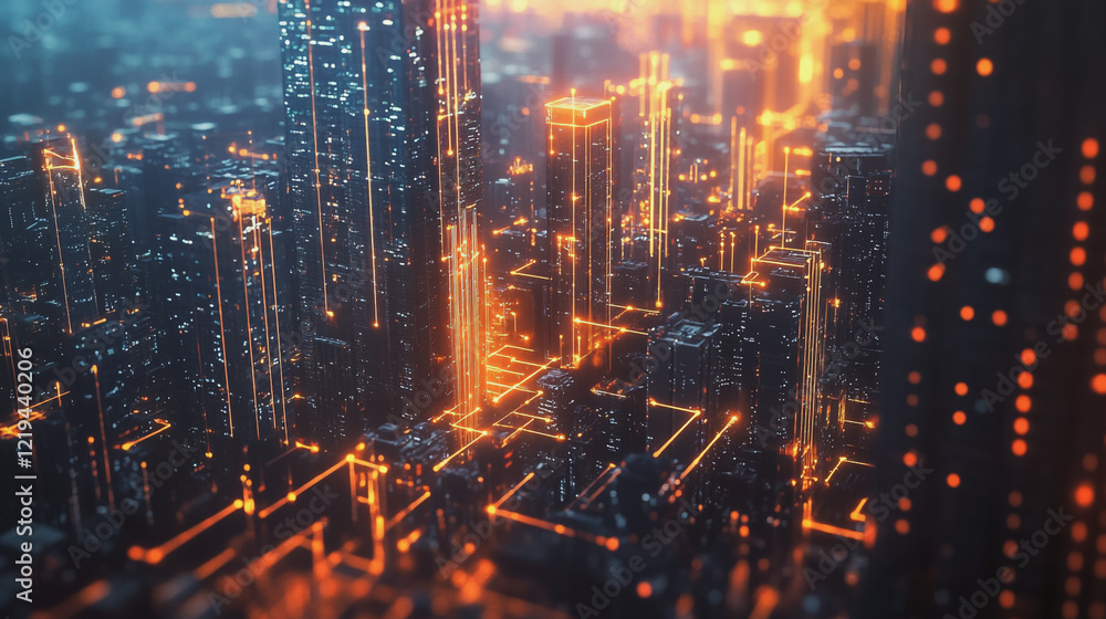 Fototapeta premium Smart digital Innovation city with connection network reciprocity over the twilight cityscape. of future smart wireless digital city and social media networking systems that connects people with city 