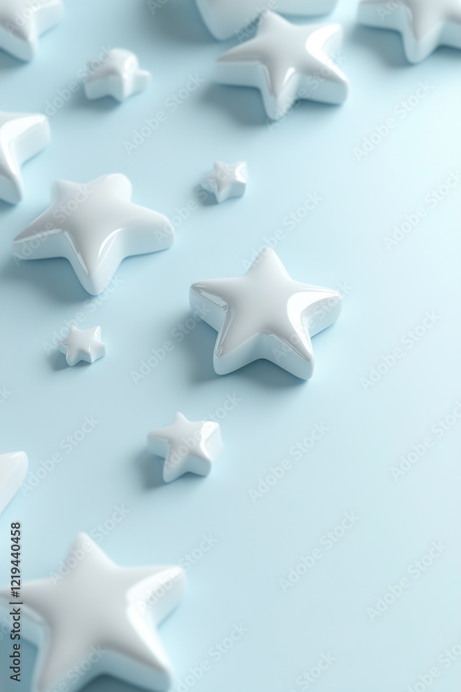 Obraz premium Repeated star shapes in various sizes are subtly raised from a pastel blue surface, casting soft shadows that enhance the minimalist aesthetic, offering a clean backdrop for text