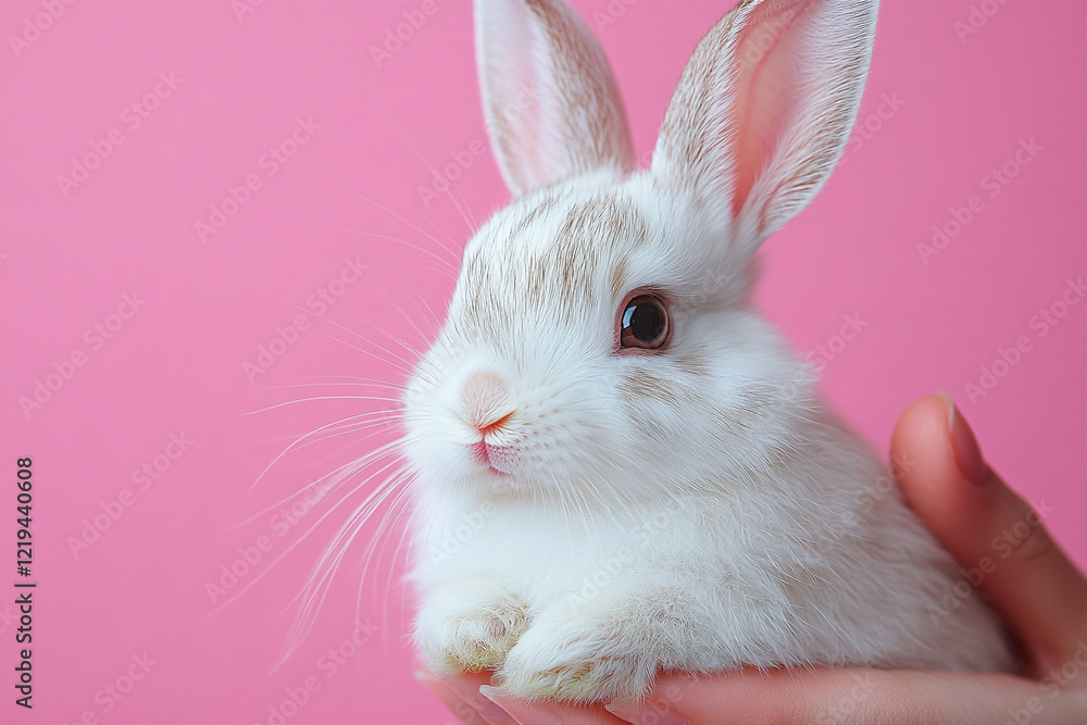 Obraz premium Adorable White Baby Rabbit Held Gently in Hands