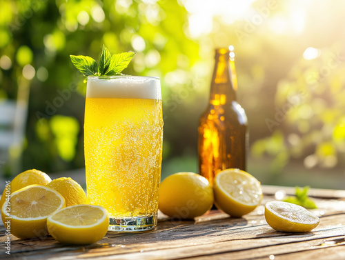 A sunlit shandy glass with lemons and a beer bottle on a rustic table for a summer setting.