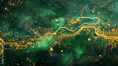 Dive into a mesmerizing tableau of golden circuitry gliding through deep green cosmic clouds. This visual odyssey marries digital artistry and cosmic wonders in a spectacular fusion. 