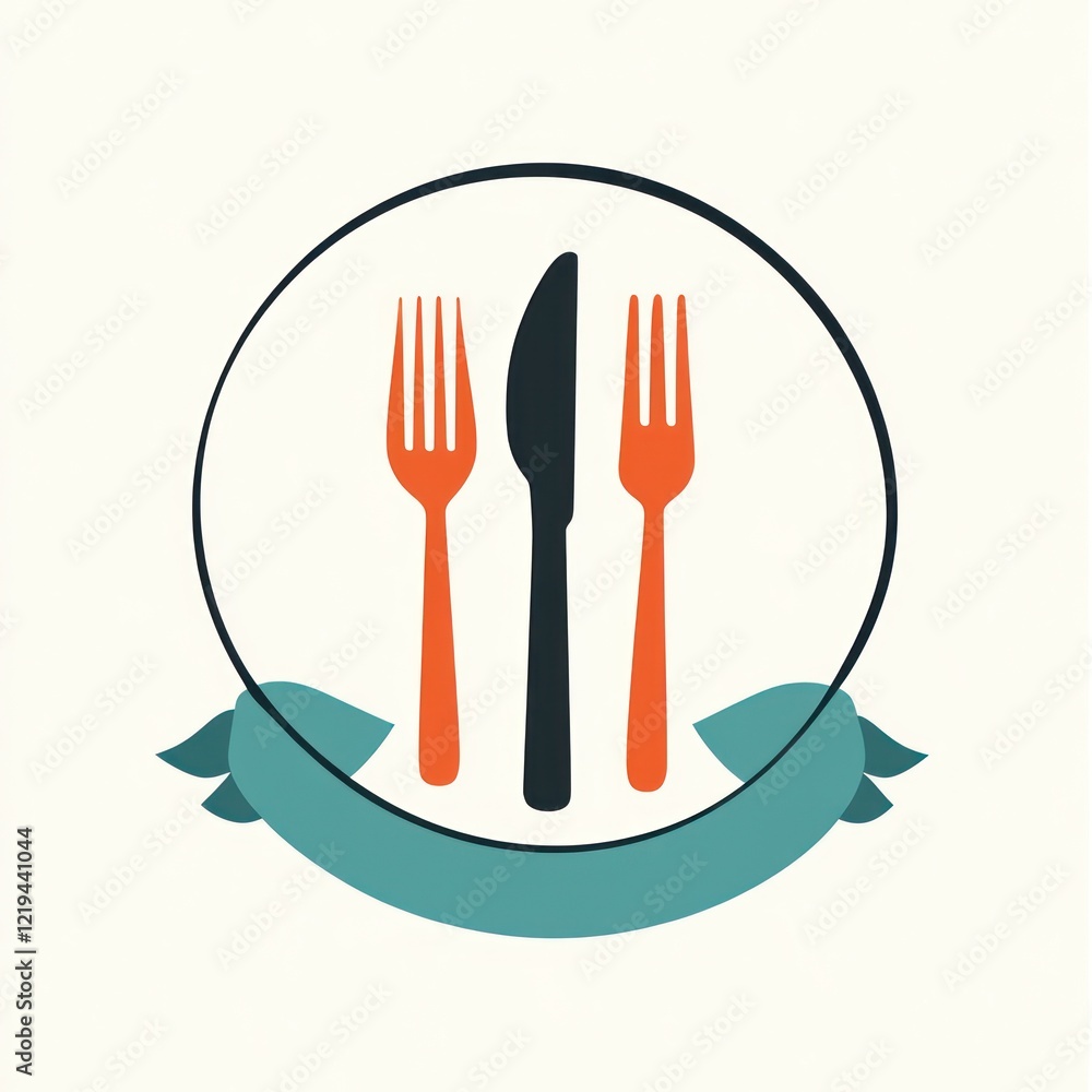 Dinner cutlery inside a circle with a banner on a plain background for restaurant menus