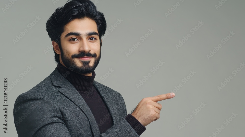 Confident young man in suit pointing at blank space on gray background Confident young man in suit pointing at blank space on gray background