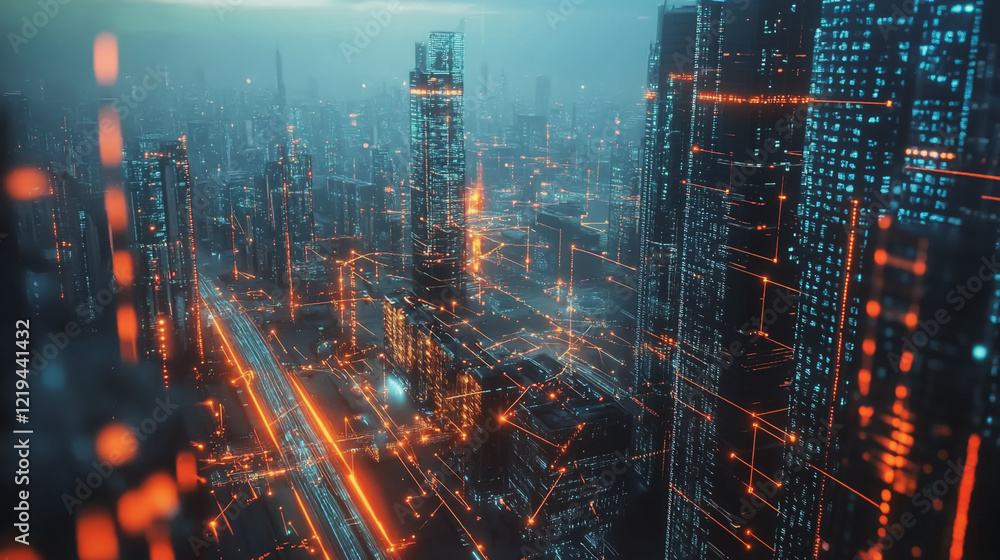 Obraz premium Smart digital Innovation city with connection network reciprocity over the twilight cityscape. of future smart wireless digital city and social media networking systems that connects people with city 