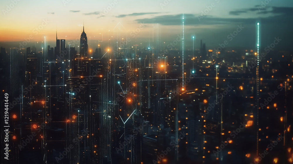 Fototapeta premium Smart digital Innovation city with connection network reciprocity over the twilight cityscape. of future smart wireless digital city and social media networking systems that connects people with city 