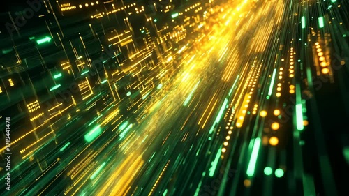 Step into a futuristic realm where vibrant green and golden lights weave through a complex digital grid. This captivating video blends art and technology in an electrifying spectacle. 