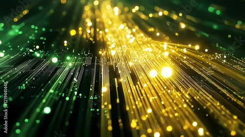 Witness the enchanting dance of golden and emerald lights cascading through a digital matrix. This stunning visual experience will immerse you in a fusion of light and technology. 