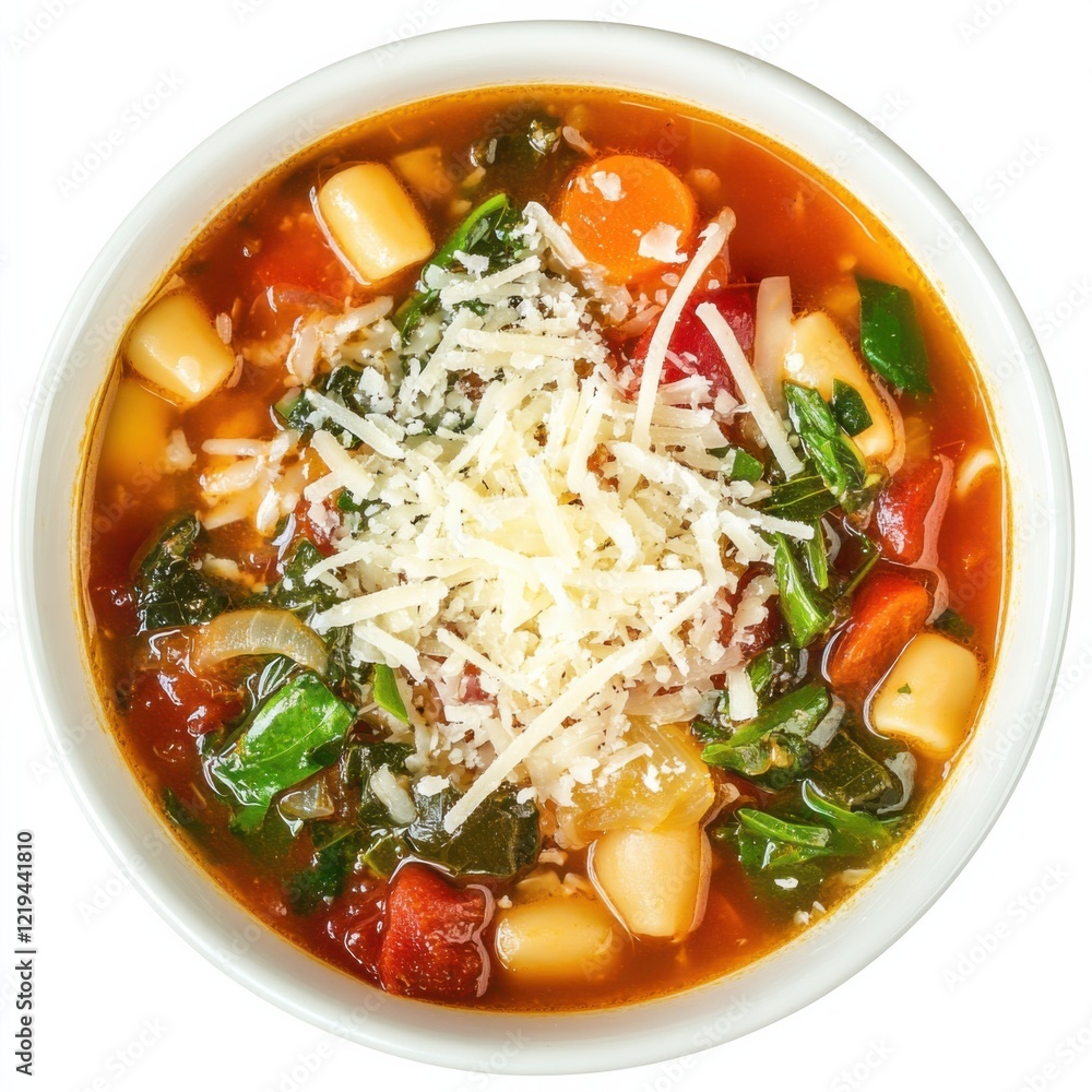A hearty bowl of minestrone soup with Parmesan cheese, isolated white background, retro art style A hearty bowl of minestrone soup with Parmesan cheese, isolated white background, retro art style