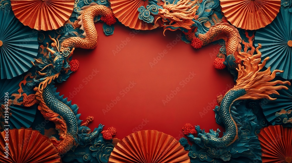 Fototapeta premium Vibrant Red Background Featuring a Majestic Gold Dragon Surrounded by Traditional Paper Fans Creating a Dynamic and Cultural Atmosphere Evoking Power and Elegance in Artistry