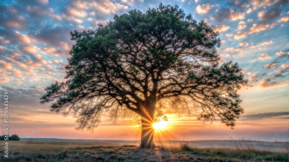 Fototapeta premium Silhouette of a Single Tree Against a Bright Sunrise Sky