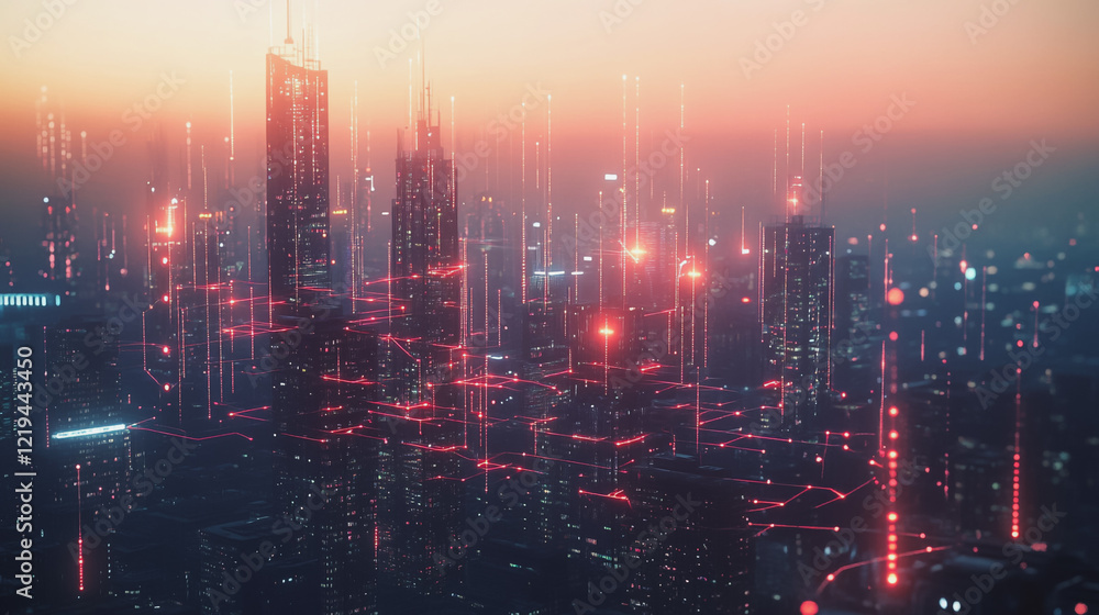 Fototapeta premium Smart digital Innovation city with connection network reciprocity over the twilight cityscape. of future smart wireless digital city and social media networking systems that connects people with city