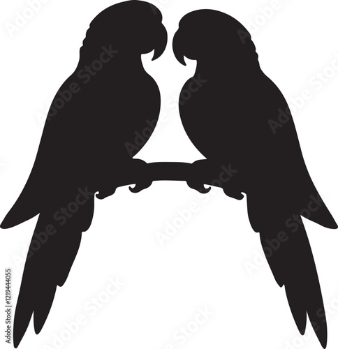 silhouette of two couple parrot bird sitting on branch vector art illustration