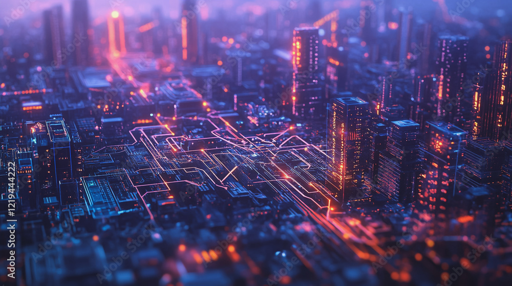 Obraz premium Smart digital Innovation city with connection network reciprocity over the twilight cityscape. of future smart wireless digital city and social media networking systems that connects people with city 
