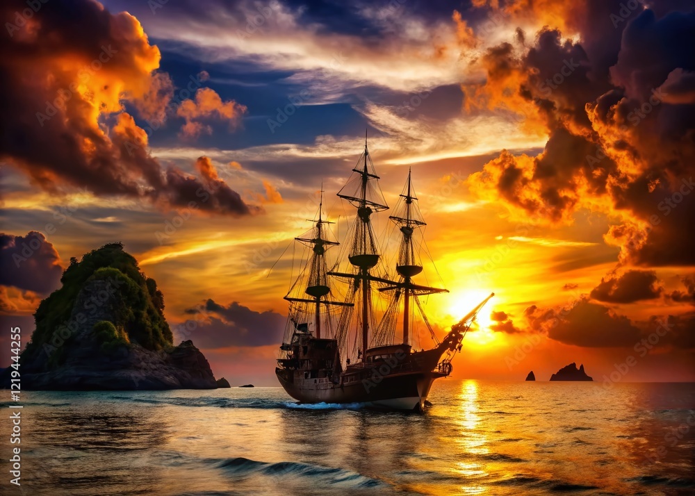 Obraz premium Silhouette Pirate Ship Sailing Towards Sunset Island - Dramatic Ocean Scene