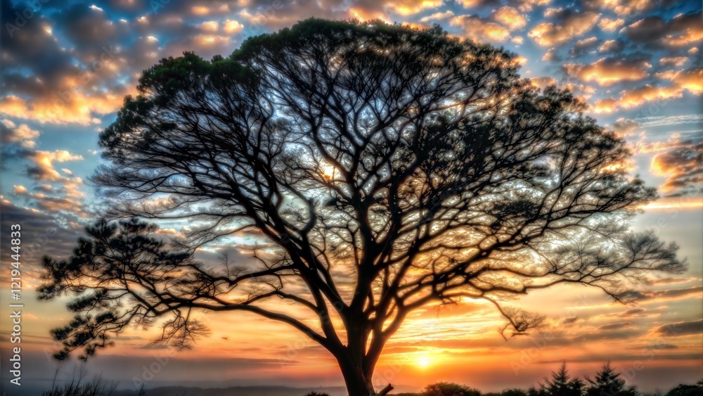 Fototapeta premium Black Tree Silhouette on a Gradient Orange Sunrise Sky