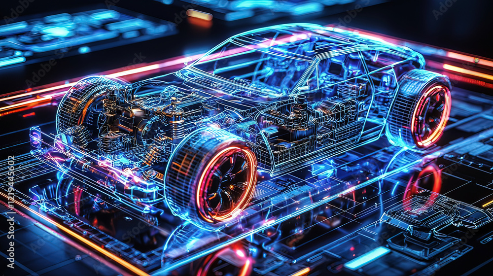 Hyper-detailed holographic display of a futuristic vehicle blueprint, floating mid-air, glowing neon beams illuminating mechanical parts Hyper-detailed holographic display of a futuristic vehicle blueprint, floating mid-air, glowing neon beams illuminating mechanical parts