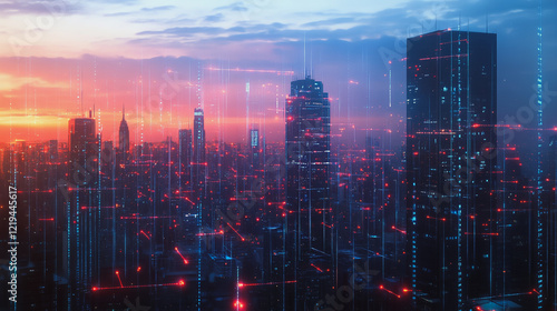 Wallpaper Mural Smart digital Innovation city with connection network reciprocity over the twilight cityscape. of future smart wireless digital city and social media networking systems that connects people with city
 Torontodigital.ca