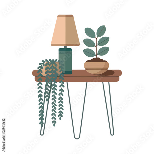 Round side table with hanging plant vector illustration isometric on white background
