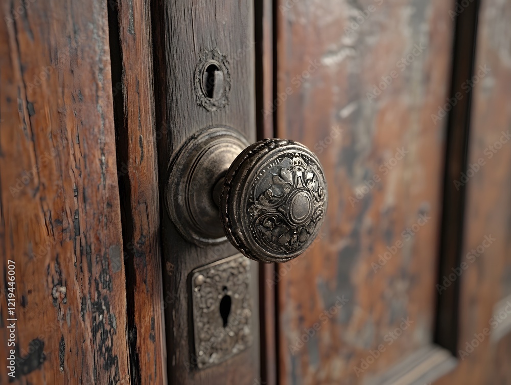 Fototapeta premium Exquisite Antique Doorknob on Aged Wooden Door with Textured Historical Aesthetic