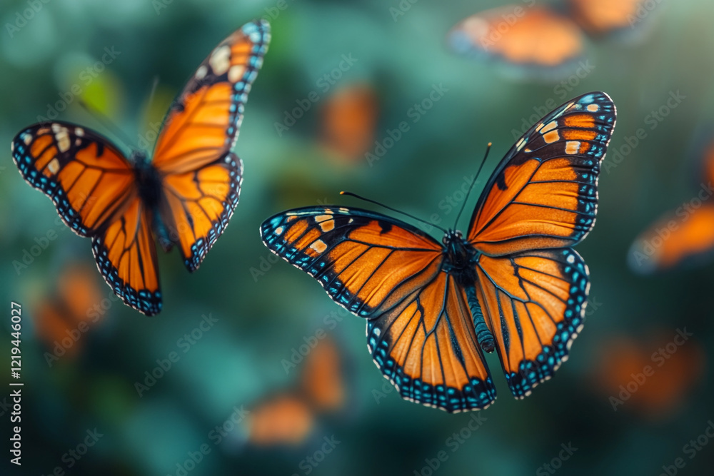 Fototapeta premium Monarch Butterflies in Flight Amongst Green Foliage