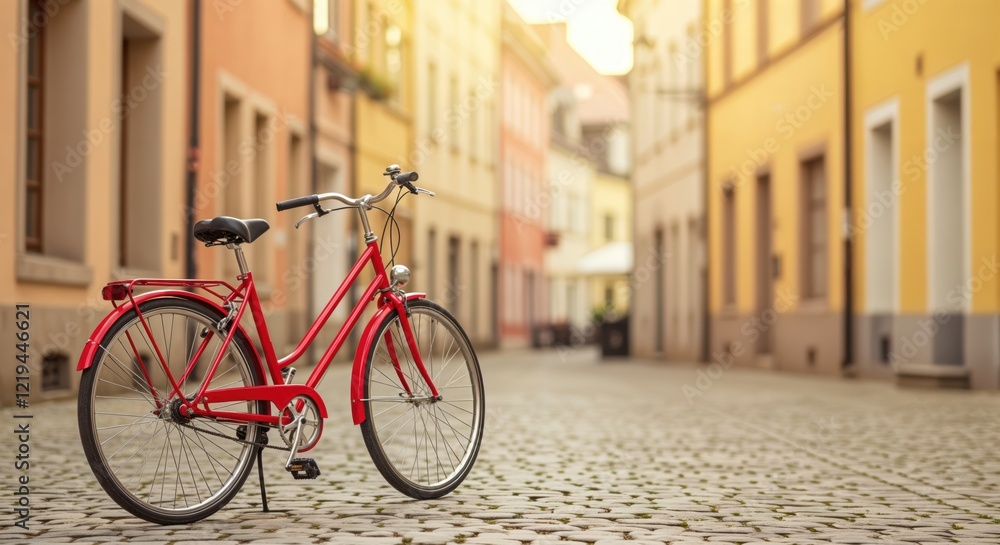 Red bicycle on cobblestone street in quaint european town at sunset Red bicycle on cobblestone street in quaint european town at sunset