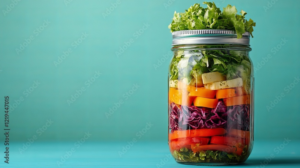 Vibrant and Fresh Salad Jar Filled with a Colorful Array of Crisp Vegetables and Greens Showcasing Healthy Eating and Culinary Creativity in a Rustic Kitchen Environment Vibrant and Fresh Salad Jar Filled with a Colorful Array of Crisp Vegetables and Greens Showcasing Healthy Eating and Culinary Creativity in a Rustic Kitchen Environment