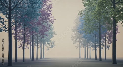 Wallpaper Mural Serene misty forest path with vibrant trees in soft pastel colors Torontodigital.ca