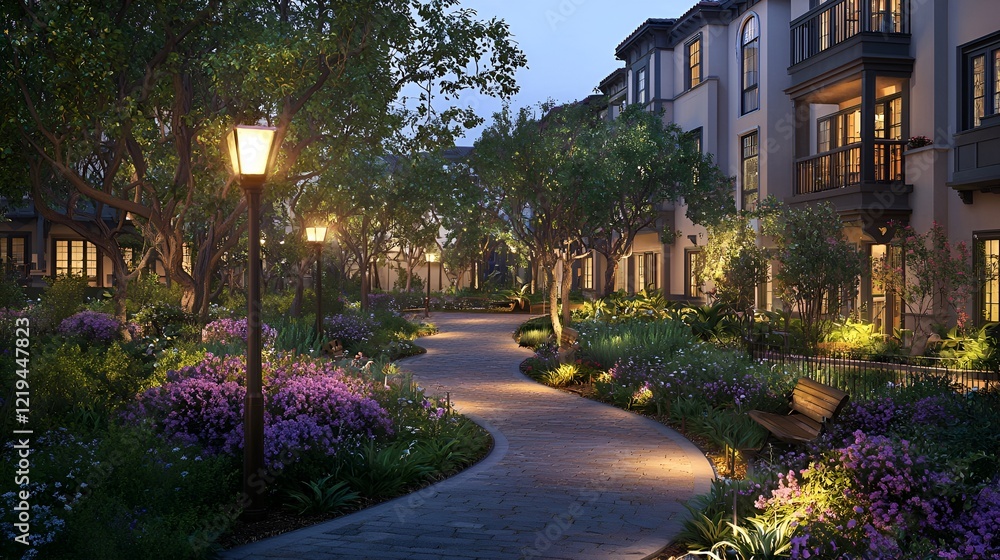 Evening stroll, landscaped pathway, townhouses, twilight Evening stroll, landscaped pathway, townhouses, twilight