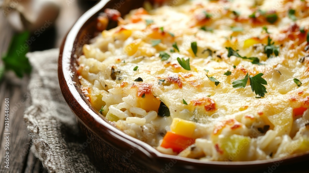 Detailed image of rice and vegetable casserole with cheese in a rustic baking dish, showcasing comforting and cheesy elements. Ideal for family dinners and comfort food recipes. Detailed image of rice and vegetable casserole with cheese in a rustic baking dish, showcasing comforting and cheesy elements. Ideal for family dinners and comfort food recipes.